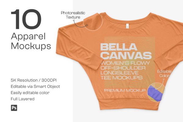10个女士飘逸长袖露肩T恤印花图案设计贴图样机模板 Bella Canvas 8850 Flowy Tee Mockups