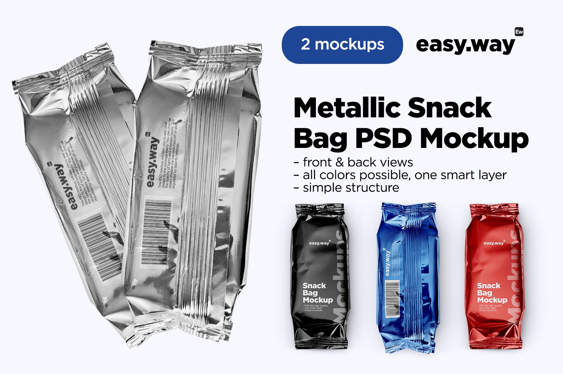 光泽零食塑料包装袋设计贴图样机 Snack Bag PSD Mockups插图