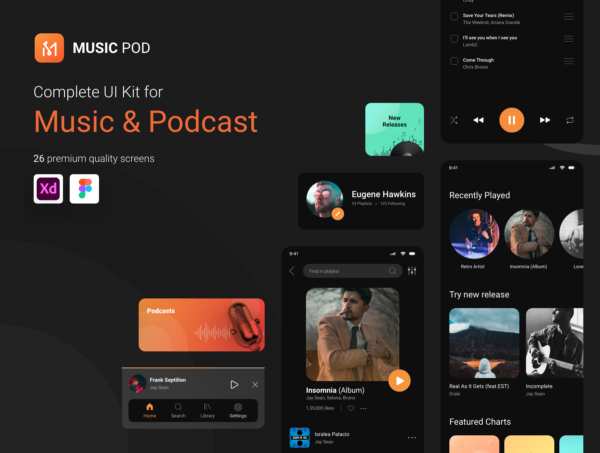 超酷数字音乐播客应用程序APP UI套件素材 MusicPod App – Complete UI Kit