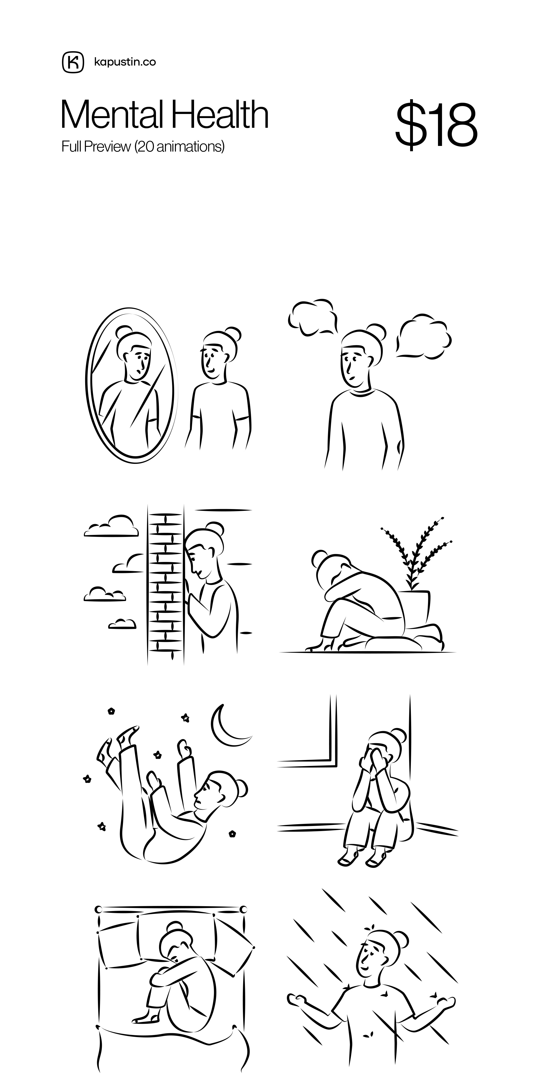 20个动画after effect 源文件强调心理健康插图 — 20 幅关于我们心理