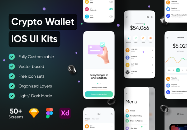 明暗加密钱包金融货币应用程序iOS APP套件素材 Crypto Wallet – IOS UI Kits