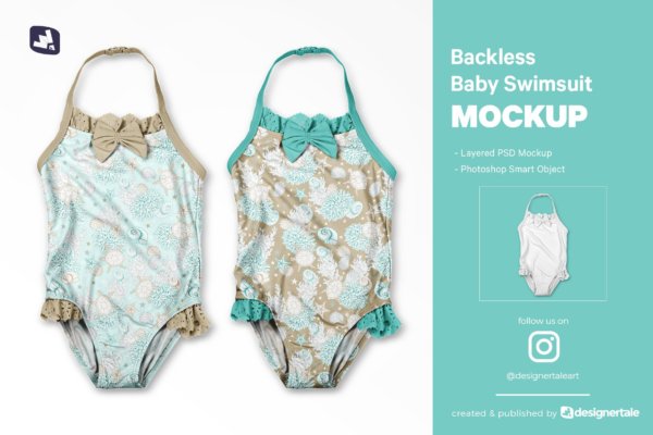 高品质婴儿露背泳衣设计Ps智能贴图样机 Backless Baby Swimsuit Mockup