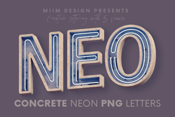 3D创意逼真混凝土霓虹灯字母数字PNG免扣图片素材 Concrete Neon – 3D Lettering