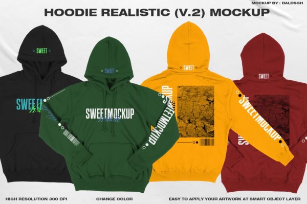 逼真街头嘻哈连衣帽卫衣设计Ps智能贴图样机 HOODIE REALISTIC (V.2) MOCKUP