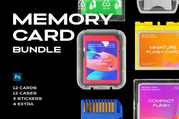 超酷复古移动存储卡SD卡塑料包装盒贴纸样机Ps设计素材套装 Memory Card Mockup Template SD