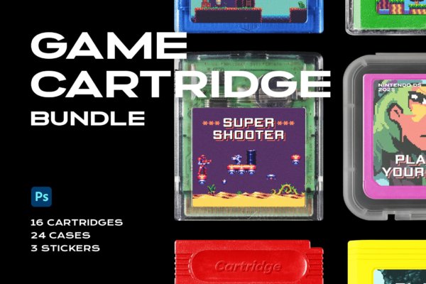 超酷复古电竞游戏卡片塑料盒贴纸设计Ps智能贴图样机素材 Game Cartridge Mockup Bundle Retro