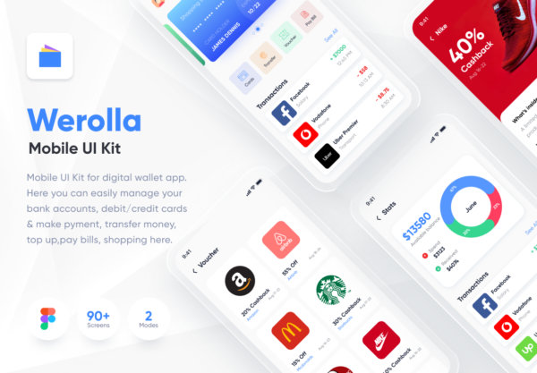 数字钱包金融银行应用程序APP UI套件素材 Werolla – Mobile App UI Kit for Wallet