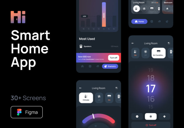 暗黑智能家居应用软件APP界面设计套件素材 Hi – Smart Home UI Kit