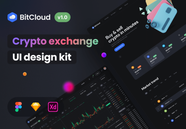 超酷暗黑加密货币钱包应用程序界面设计UI套件素材 BitCloud – Crypto Exchange UI Kit