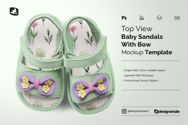 可爱婴儿凉鞋图案设计贴图Ps样机源文件素材 Topview Baby Sandals With Bow Mockup