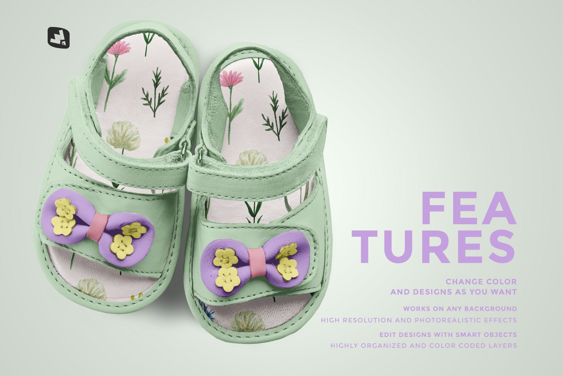 可爱婴儿凉鞋图案设计贴图Ps样机源文件素材 Topview Baby Sandals With Bow Mockup插图6 可爱婴儿凉鞋图案设计贴图Ps样机源文件素材 Topview Baby Sandals With Bow Mockup插图6