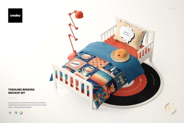 时尚幼儿床上用品家纺四件套装印花图案设计展示样机合集 Toddlers Bedding Mockup Set