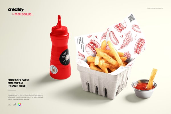 炸薯条食品安全包装纸设计展示样机PSD模板素材 Food Safe Paper Mockup French Fries
