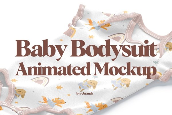 动态旋转婴儿紧身连衣裤设计贴图样机素材 Baby Bodysuit Animated Mockup