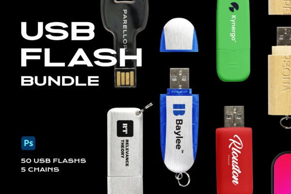 50款潮流复古USB优盘闪存驱动器外观标签设计Ps贴图样机模版素材 USB Flash Drive Mockup Template Logo