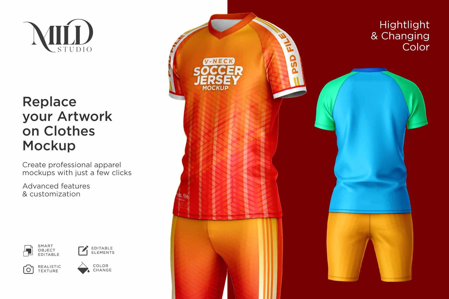 男子足球球衣印花设计样机套件 Men Soccer Jersey kit Mockup插图2