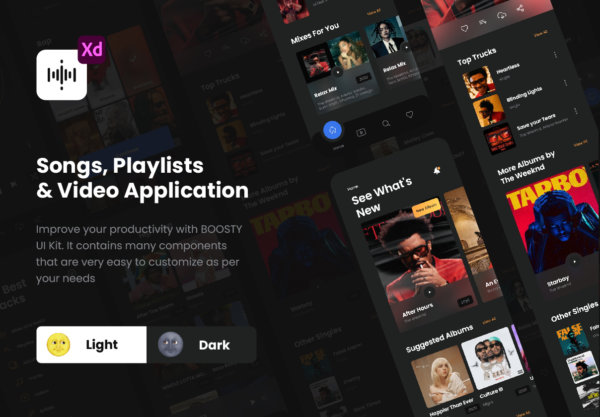 炫酷视频歌曲播放列表播放器应用程序APP界面设计套件 Songs, Playlists and Video Application – UI Kit BOOSTY