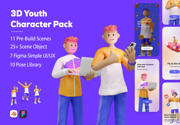 现代游戏网页APP界面设计3D青年角色设计素材 3D Web Illustration – Youth Character Pack