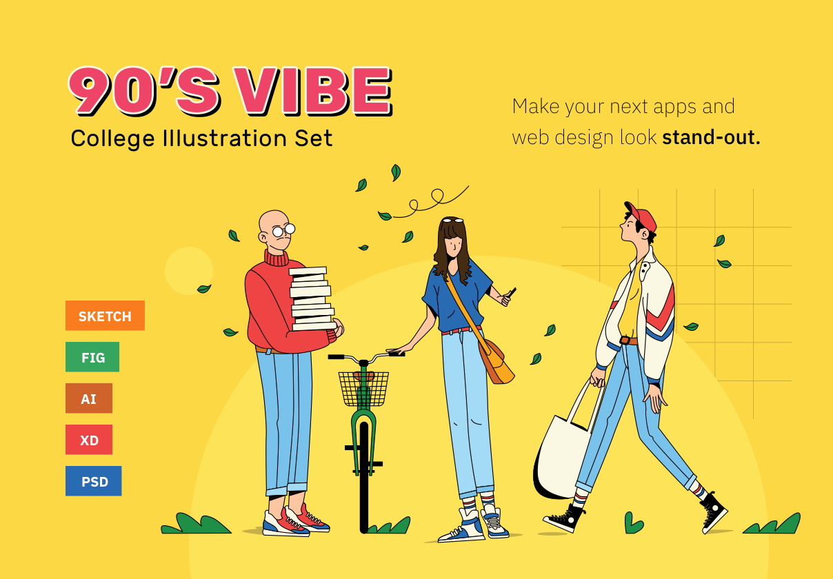 多彩有趣90年代大学场景大学生矢量插图设计素材 90’s Vibes – College Illustrations插图 多彩有趣90年代大学场景大学生矢量插图设计素材 90’s Vibes – College Illustrations插图