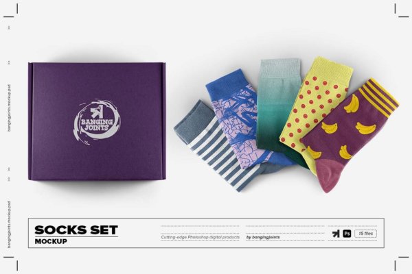 15款逼真长装袜子包装盒设计贴图样机模版素材 Socks Set Mockup