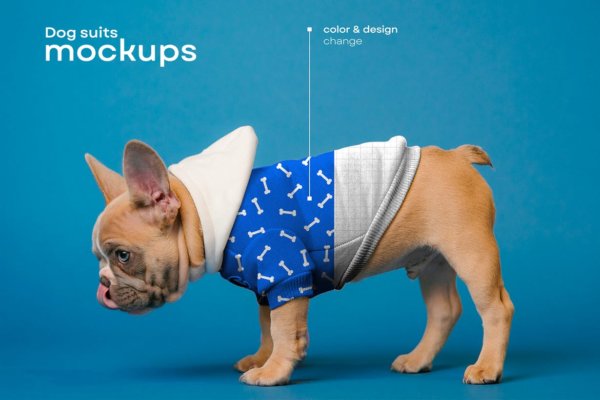 时尚宠物狗狗连衣帽卫衣设计展示样机素材 Dog Suits Mockup