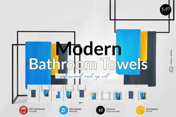 现代浴室毛巾设计贴图样机PSD模板素材 Modern Bathroom Towels Mock-ups