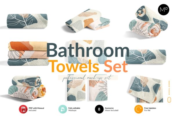 浴室毛巾抹布印花设计展示贴图样机套装 Bathroom Towels Set Mock-ups