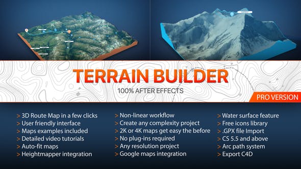 AE脚本插件 创建三维地图地形地点路径展示动画素材 Terrain Builder Pro