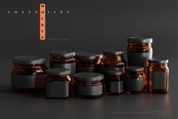 210款多规格透明玻璃密封罐设计展示Ps贴图样机素材 Amber Jars Mockup Collection