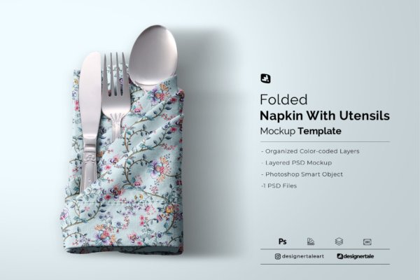 带餐具折叠餐厅手帕设计展示样机模板 Folded Napkin With Utensils Mockup