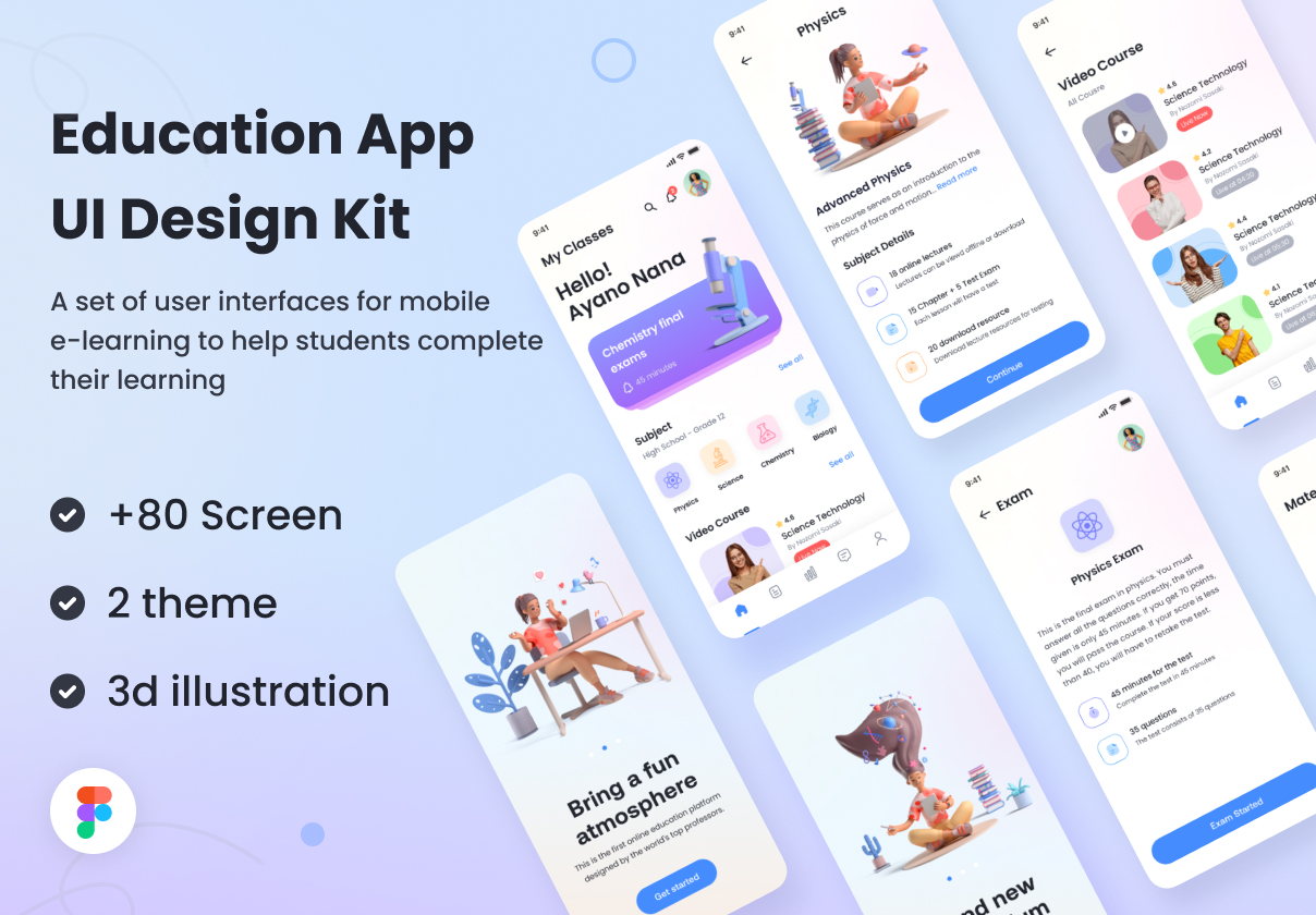 时尚在线学习教育应用程序APP界面设计模板套件 Education App UI Design Kit插图