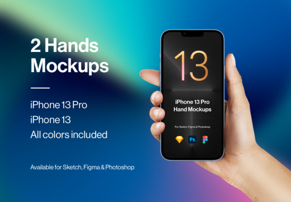 全新手持苹果iPhone 13 Pro智能手机屏幕演示样机 2 Hands Mockups iPhone 13 Pro & iPhone 13