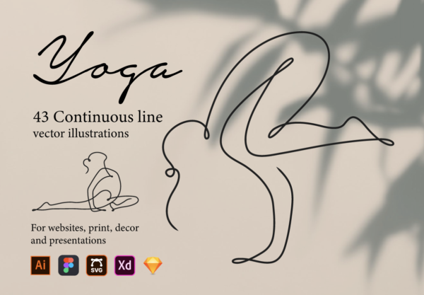 43个优雅瑜伽姿势矢量插画线稿图 Yoga Continuous Line Illustrations