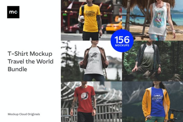 156款T恤印花图案设计效果模特场景展示Ps样机素材 T-Shirt Mockups Travel the World Bundle