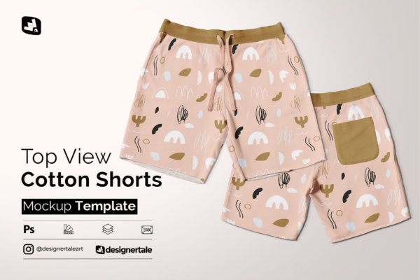 夏季棉质沙滩短裤设计展示样机素材 Top View Cotton Shorts Mockup