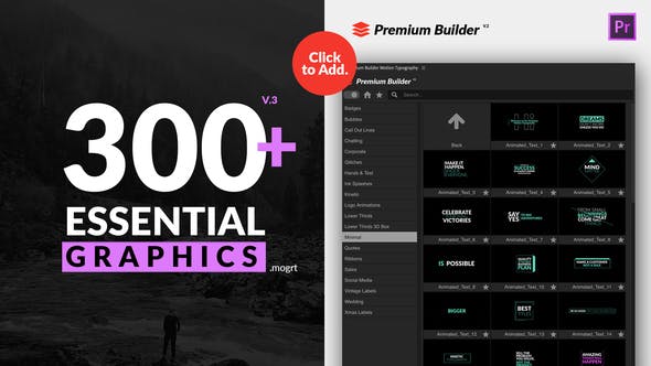 PR脚本-300文字图形标志运动排版基本图形工具包 PremiumBuilder Motion Typography Essential Graphics Mogrt V3