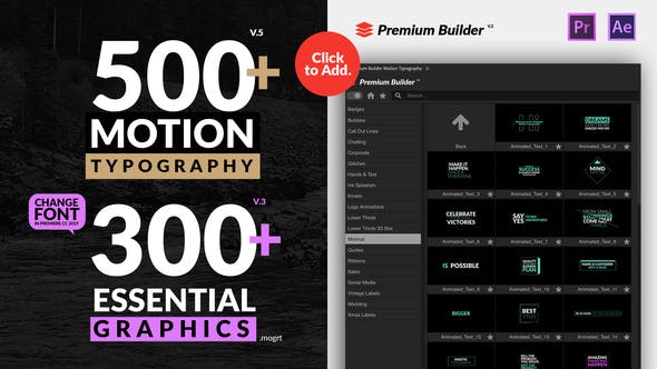 AE脚本/PR模板 500+运动图形文字排版动画 PremiumBuilder Motion Typography v5