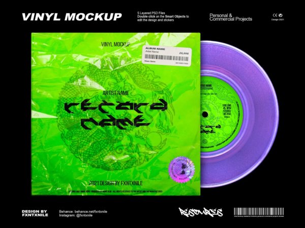 嘻哈酸性摇滚音乐CD黑胶唱片专辑包装袋封面视觉设计PSD样机素材 Vinyl Mockup
