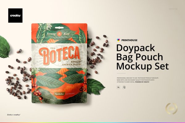 时尚光泽零食食品立式自封袋印花图案设计展示Ps展示样机模板 Doypack Bag Pouch Mockup Set