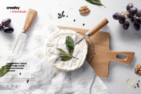 奶酪食品安全包装纸设计Ps智能贴图样机素材 Wrapping Paper Wooden Board Mockup