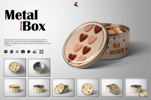 逼真巧克力糖果零食金属包装盒设计贴图样机 Metal Box Mockup 6K