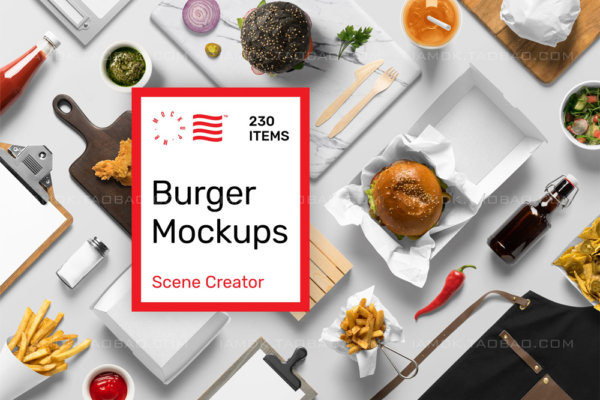 高级西餐快餐汉堡品牌Logo作品设计展示贴图场景创建者样机PSD素材 Burger Mockups – Scene Creator