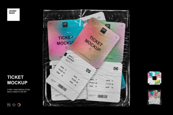 潮流做旧复古机票门票设计塑料袋纹理叠加Ps贴图样机模板 Ticket Mockup