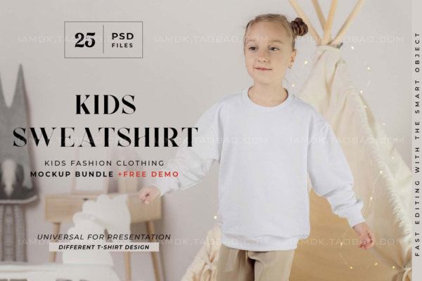 25款女童圆领卫衣印花图案设计展示贴图样机PSD模板源文件 Kids Sweatshirt Mock-up Bundle