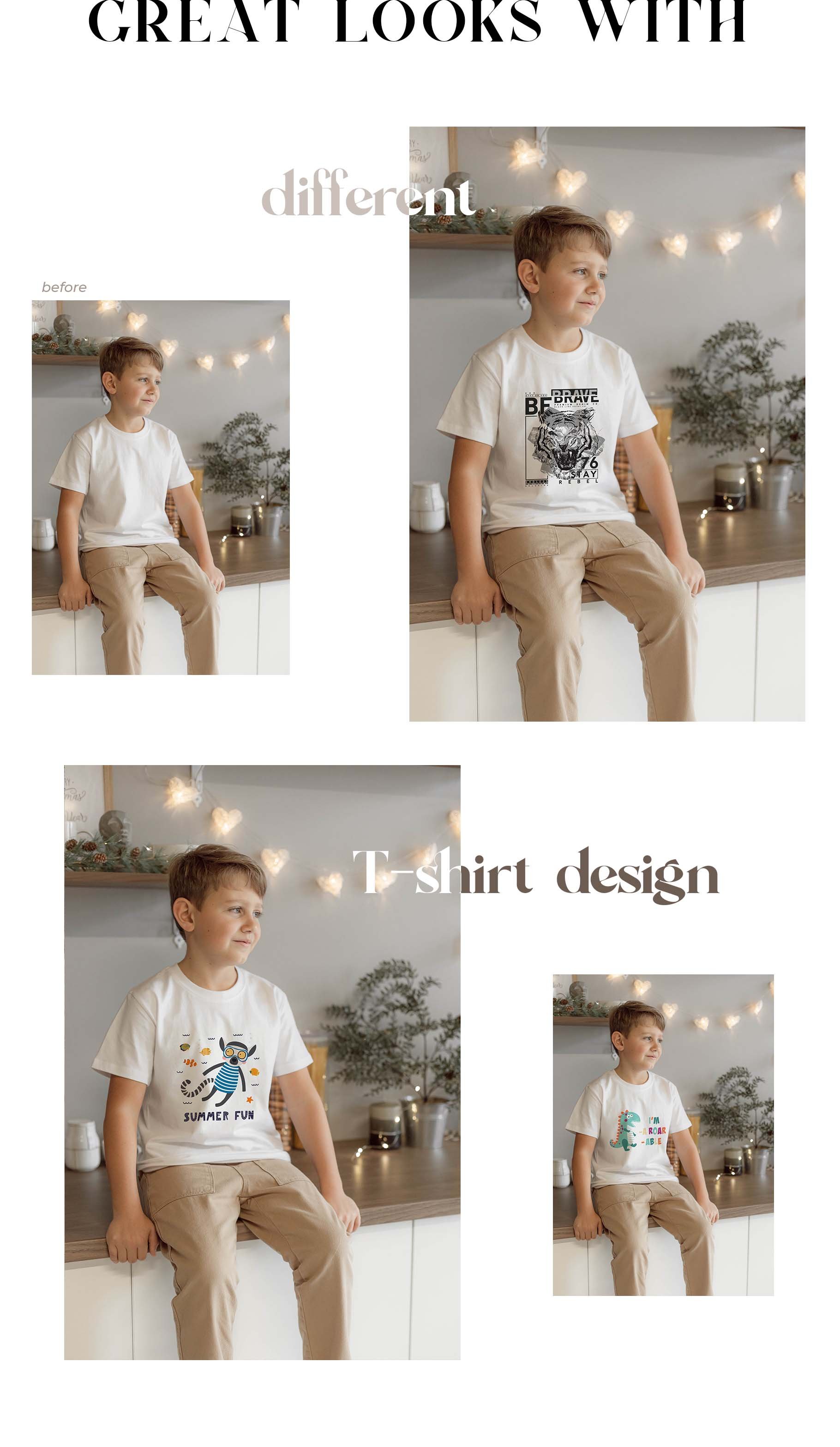 25款儿童半袖T恤衬衫印花图案设计展示Ps贴图样机模板 Kids T-shirt Mockup Bundle插图2 25款儿童半袖T恤衬衫印花图案设计展示Ps贴图样机模板 Kids T-shirt Mockup Bundle插图2