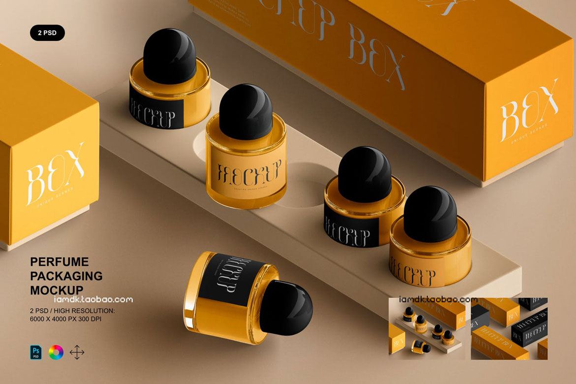 现代优雅香水玻璃瓶包装纸盒设计展示贴图PSD样机模板 Perfume Packaging Mockup插图
