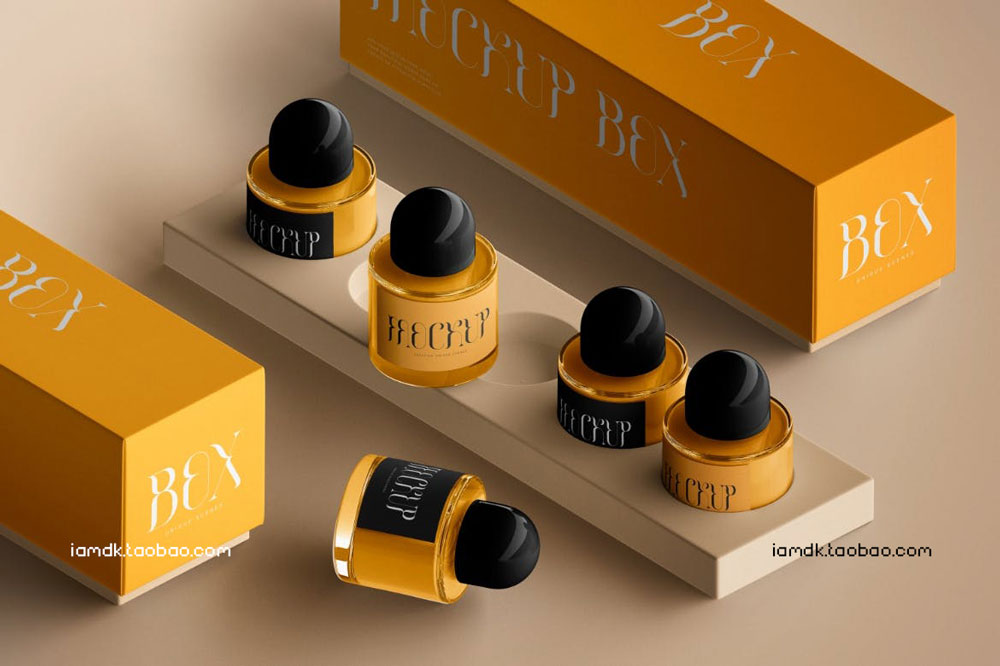 现代优雅香水玻璃瓶包装纸盒设计展示贴图PSD样机模板 Perfume Packaging Mockup插图1