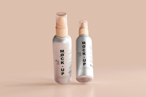 时尚优雅护肤化妆品喷雾瓶外观标签设计贴图PS样机模板 Aluminum Body Cosmetic Spray Bottle Mockup