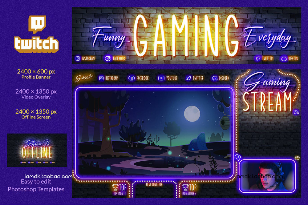 15套霓虹全息Twitch游戏直播聊天屏幕界面文本设计排版PSD分层模板源文件 Neon Holographic Twitch Gamer Kit插图37 15套霓虹全息Twitch游戏直播聊天屏幕界面文本设计排版PSD分层模板源文件 Neon Holographic Twitch Gamer Kit插图37