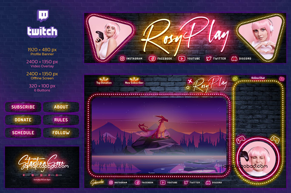 15套霓虹全息Twitch游戏直播聊天屏幕界面文本设计排版PSD分层模板源文件 Neon Holographic Twitch Gamer Kit插图58 15套霓虹全息Twitch游戏直播聊天屏幕界面文本设计排版PSD分层模板源文件 Neon Holographic Twitch Gamer Kit插图58